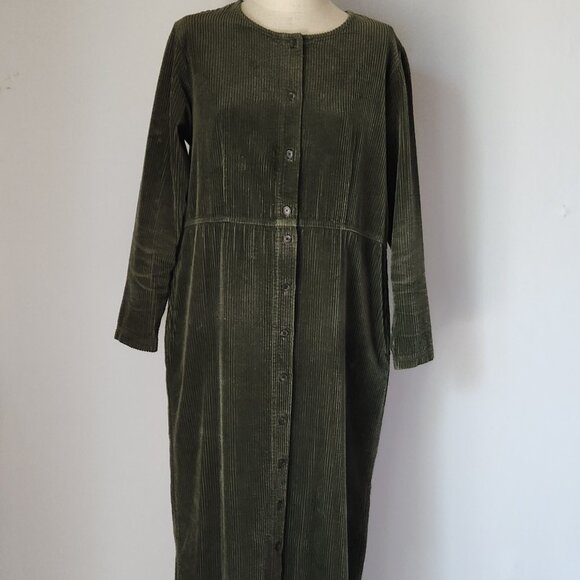 Vintage L.L.Bean Corduroy Maxi Cottage Dress Button Pocket Long Sleeve Green - Picture 1 of 9
